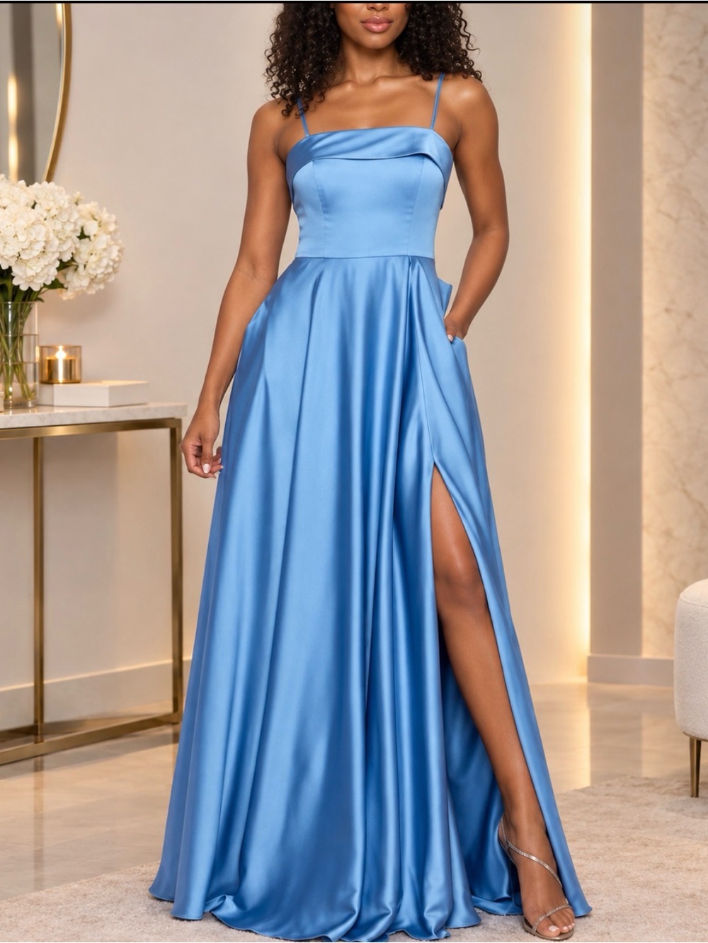 B Darlin Light Blue Satin Spaghetti Strap Prom Gown with Side Slit size 7/8 M